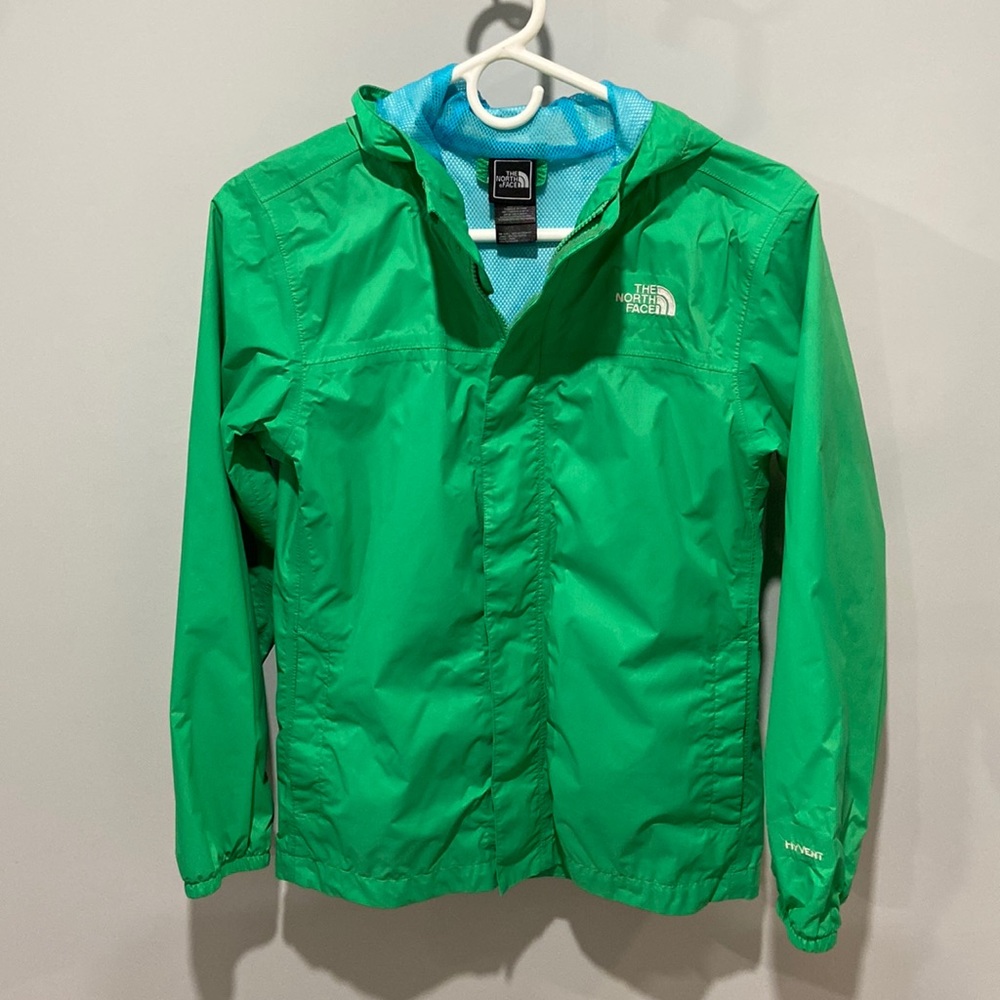The North Face girls size L (14/16) green Hyvent hooded rain jacket